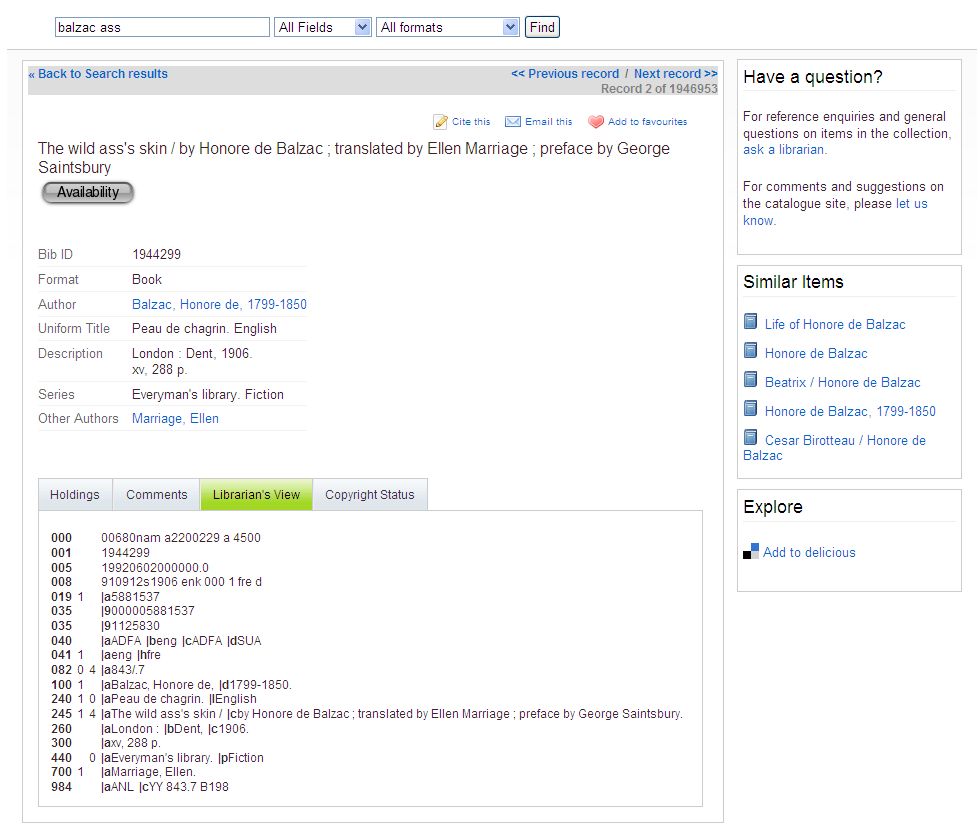 Click to enlarge image Figure 1. A library catalogue record.